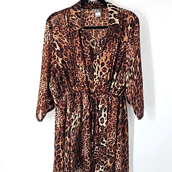 Sheer Leopard Print Shirt Dress Tunic w Button Front & Drawstring Waist - Picture 14 of 17